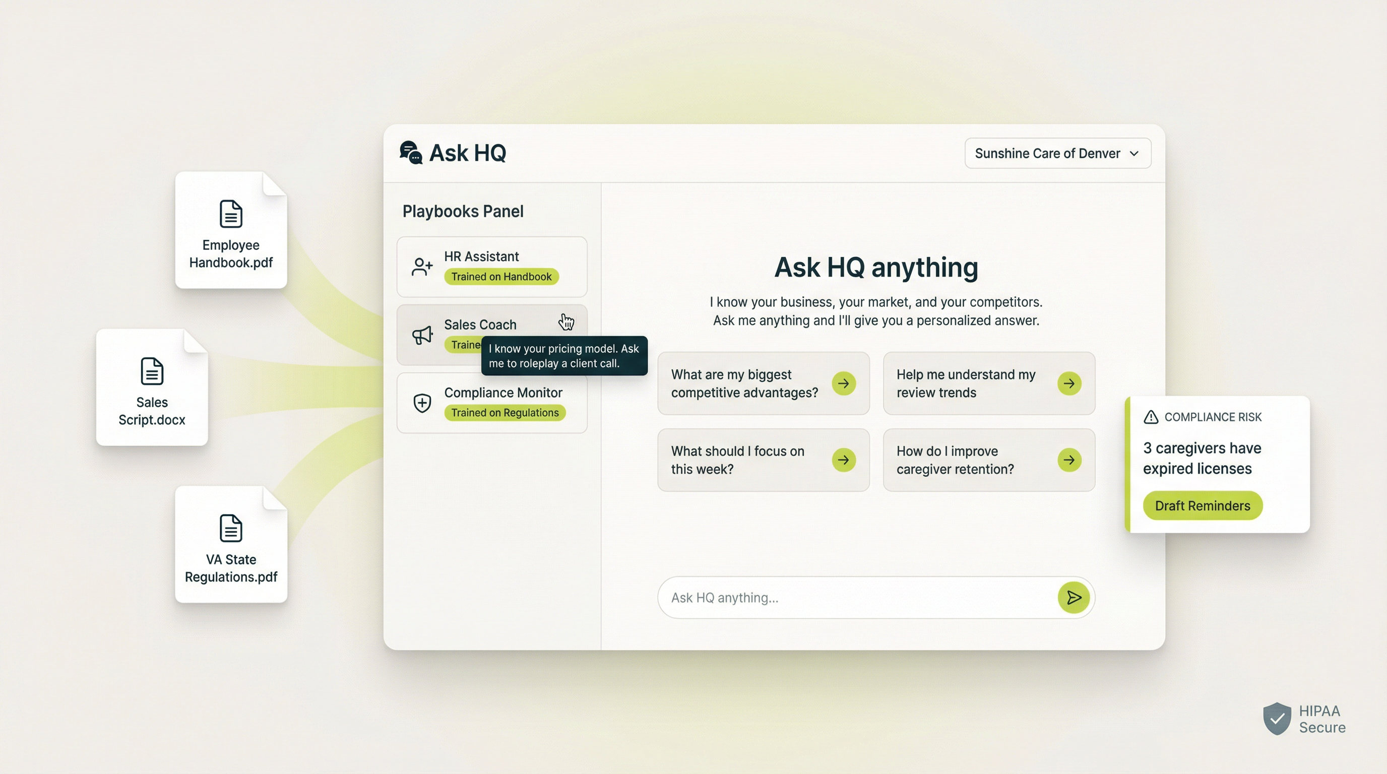 Ask HQ AI Assistant - Transform your agency documents into intelligent, personalized answers with specialized playbooks and proactive alerts