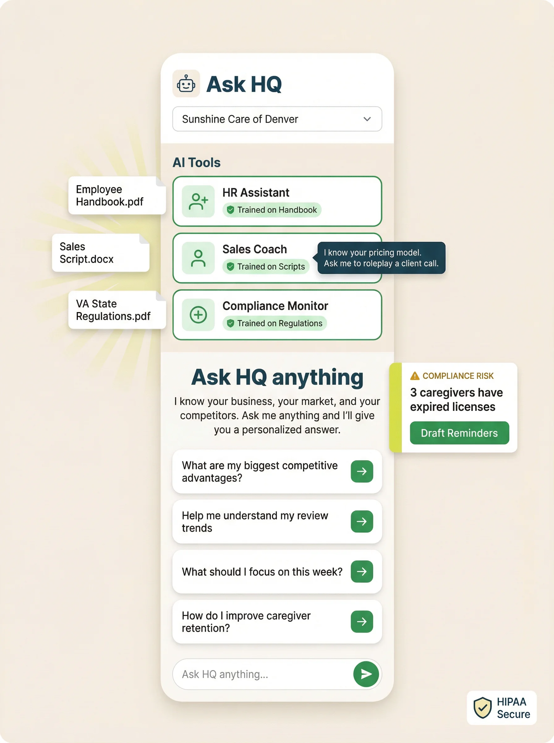 Ask HQ AI Assistant - AI Tools including HR Assistant, Sales Coach, and Compliance Monitor with personalized answers and proactive alerts